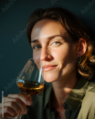 Beautiful young woman holding a glass of white wine or amber whiskey smelling the aroma with a gentle smile. Elegant sommelier tasting beverage with dramatic warm sunlight shadow