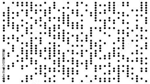 Abstract Black Rectangle Dots Appearing on White Background, Widescreen Digital Animation Loop, ideal for abstract motion graphics, data visualization, and tech design projects.