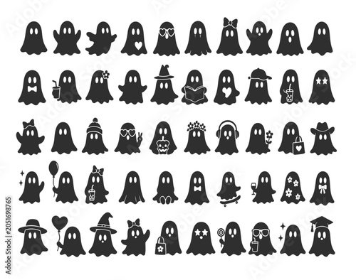 Set of Cute Ghost Silhouettes with Halloween Accessories and Kawaii Characters