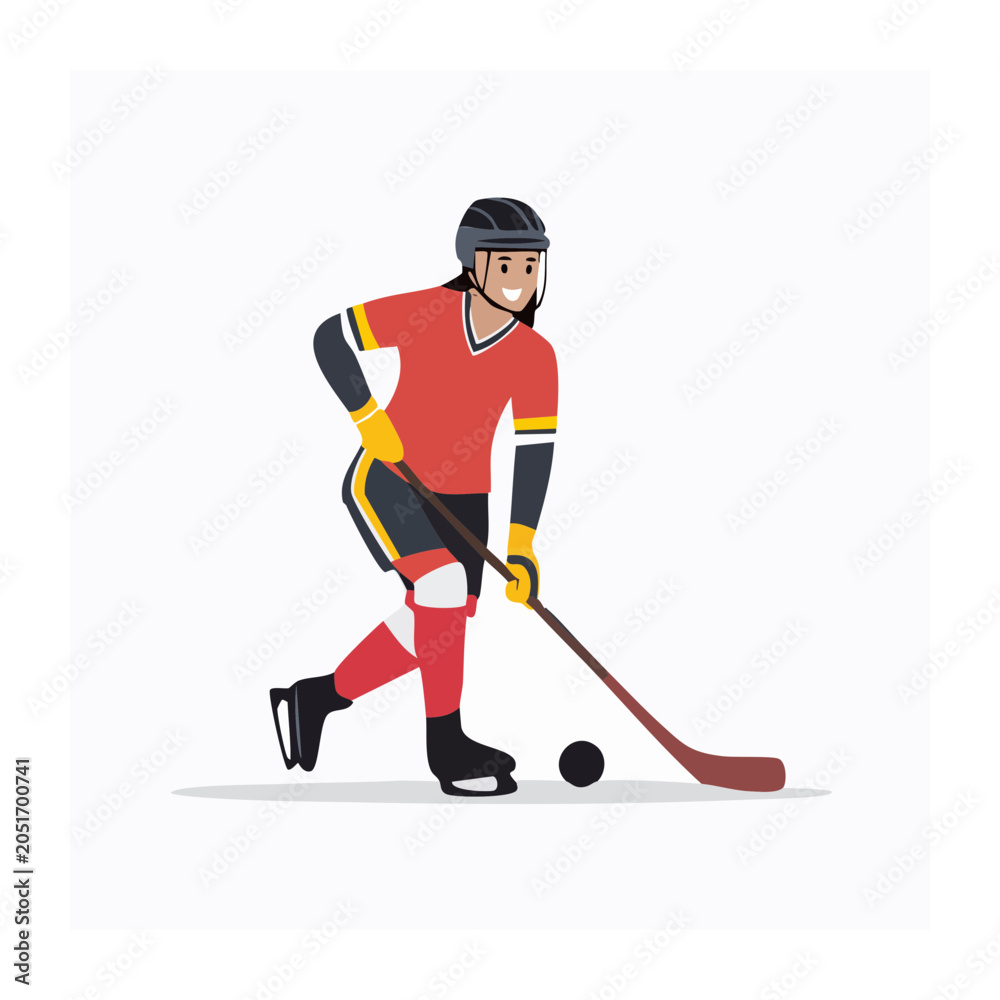 Fototapeta premium Flat design illustration of a female hockey player with stick and puck