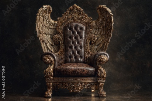 Majestic gold throne with richly stitched leather wings, intricate carvings, and a dramatic black backdrop for royal grandeur