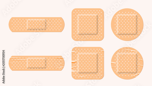 Realistic Adhesive Bandage Set with Clean and Wrinkled Medical Plasters. Beige Round, Square and Strip Bandaid Collection Isolated on White Background Vector Illustration