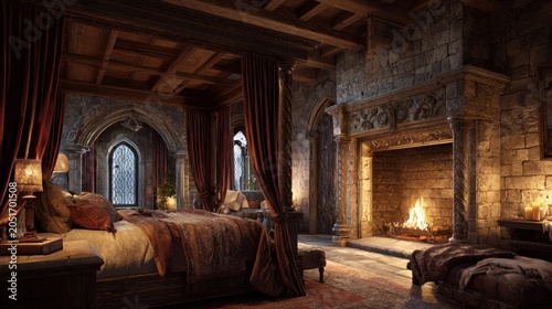 Grand four-poster bed in a stone castle chamber with open hearth and timber beams, medieval mood