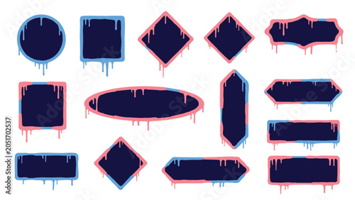Collection of dark blue shapes with dripping pink and light blue paint borders dripping paint frames