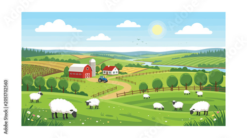 Idyllic rural landscape with farmhouse and grazing sheep rural life landscape countryside