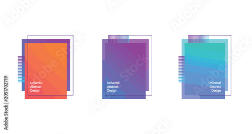 Three abstract gradient squares with geometric overlays and text
