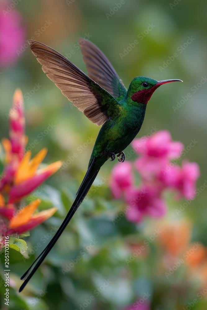 Fototapeta premium Doctor Bird in Flight: Vibrant Jamaican hummingbird feeding on nectar amid tropical flowers