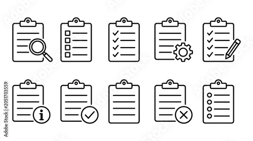 Ten isolated outline clipboard icons for business task tracking and document management