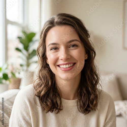 Close-up portrait of a smiling woman with natural beauty.