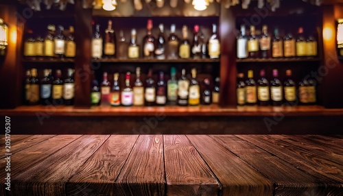 empty rustic wooden table with copy space in pub background of softly blurred bar counter and wall lined with shelves of liquor bottles creating a warm moody atmosphere