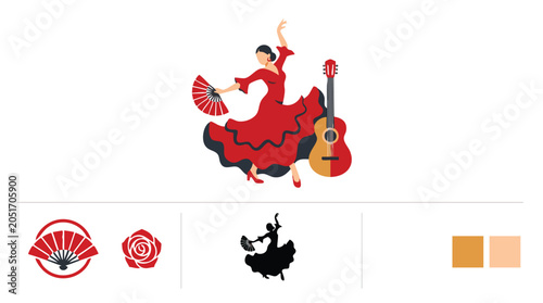 Vibrant flamenco dancer with guitar and cultural symbols.
