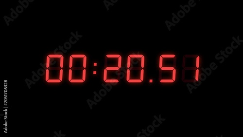 6 Digits Red Digital Countdown Timer Starting at 00:25:00 (25 seconds) on Black Background, Featuring High-Visibility LED Display. 4K Motion Graphics.