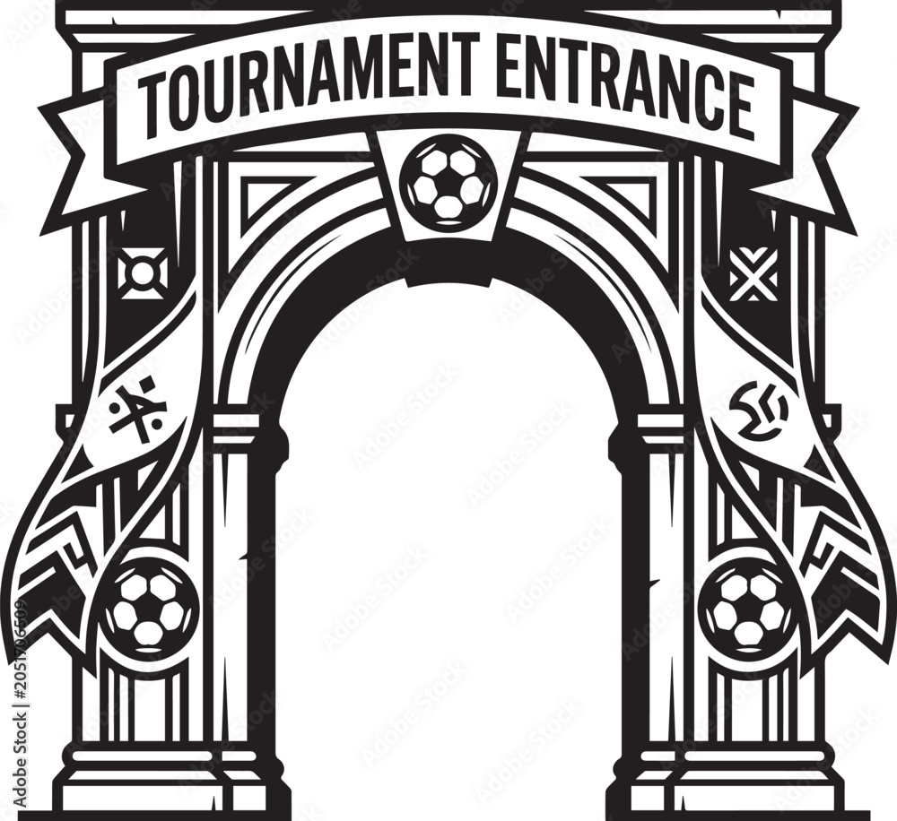 Fototapeta premium Tournament entrance arch with soccer balls and banners Vector