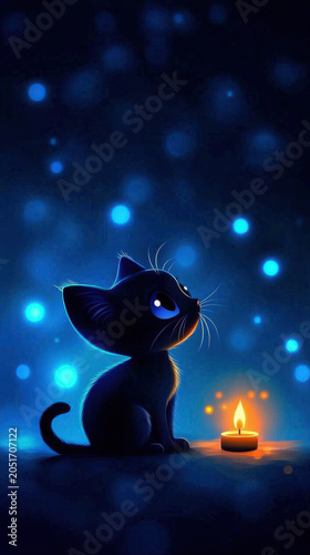 Charming black cat gazing at flickering candle in enchanting glow