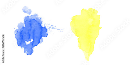 Bild auf Leinwand Vibrant blue and yellow watercolor paint splashes on black background texture ar