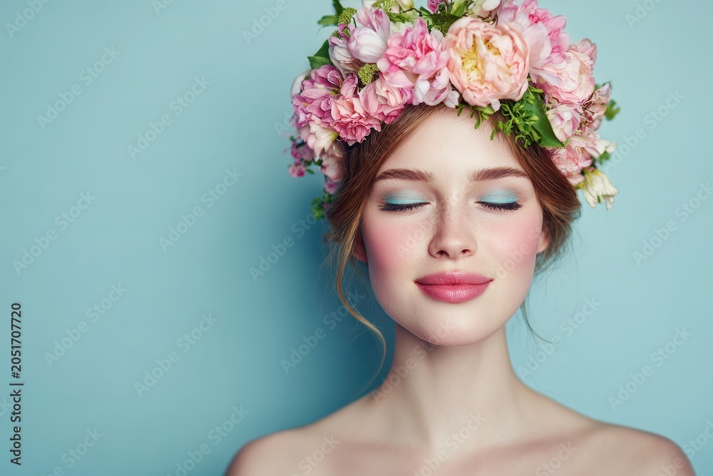 Fototapeta premium Bohemian spring portrait of a smiling woman with a flower crown against a pale blue background
