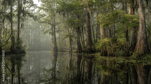 Panoramic view of a bald cypress swamp at dawn with mist and calm reflections
