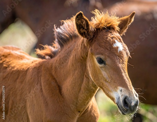 Close-up of a young equine with a light brown coat, prominent forelock, and attentive gaze, with another horse blurred in the background