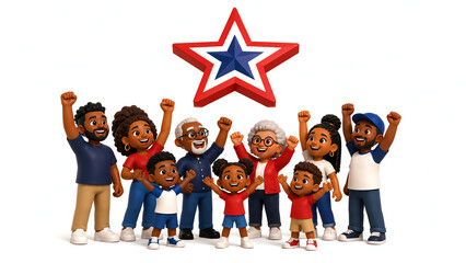 3D Stylized African American Family Cheering Under Giant Star