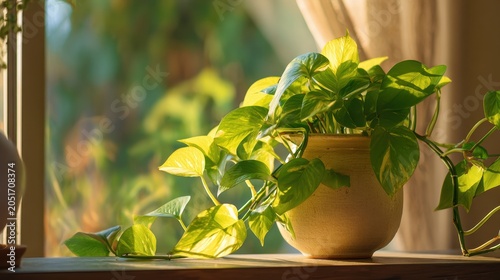Close-up of glossy golden pothos foliage with yellow-green variegation