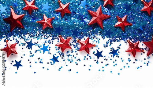 a blue glitter confetti border with red and blue stars on white