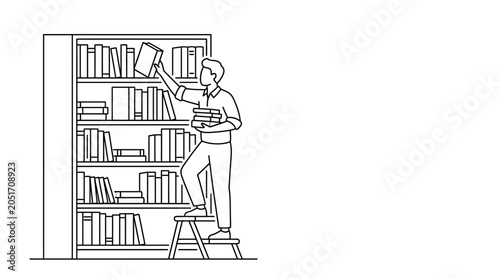 A person on a stepladder retrieving a book from a tall bookshelf filled with many volumes, representing learning and knowledge acquisition