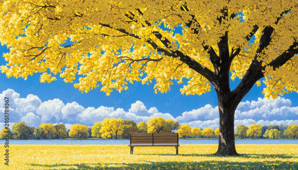 Obraz premium Vibrant Autumn Landscape with Yellow Tree and Empty Bench