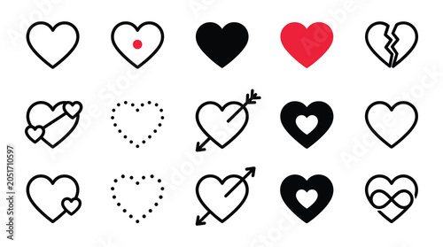 Set of various romantic heart icon symbols with romantic valentines collection valentine
