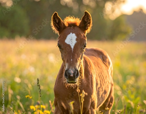 Close-up of a young equine with a white marking on its forehead, captured outdoors in a field of vibrant grass with golden sunlight
