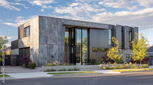 Modern home exterior featuring sleek horizontal metal panels and large windows