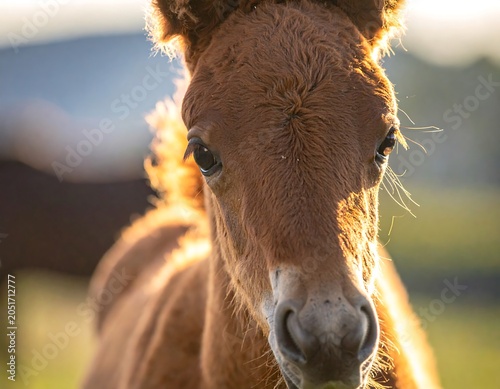 Close-up of a young equine with rich, amber coat illuminated by sunlight. Soft focus background hints at a natural setting
