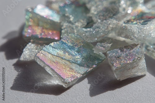 Macro photograph of iridescent muscovite mica plates in a glass dish, rainbow sheen and translucent crystal sheets