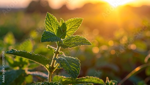 Close-up of a vibrant green plant with textured leaves, illuminated by a warm, golden sunrise in a field. Bokeh in the background