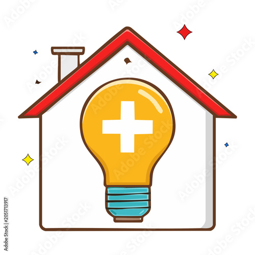 Flat illustration of a light bulb with a plus sign inside a house