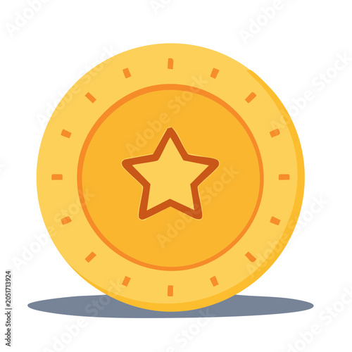 Golden coin with a star in the center, flat illustration
