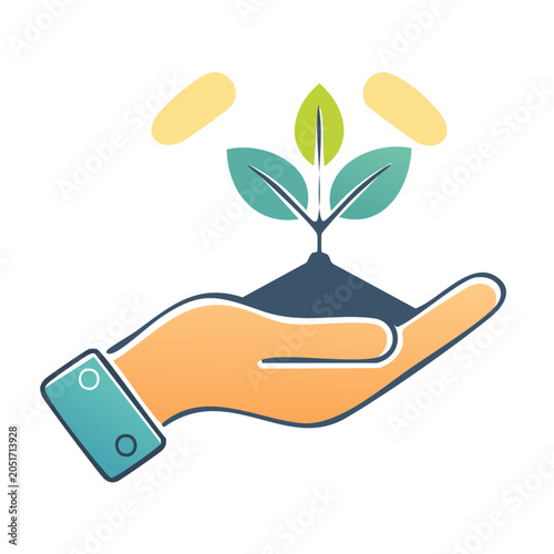 Hand holding a growing plant with coins above