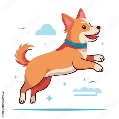 Happy dog jumping in the sky with clouds