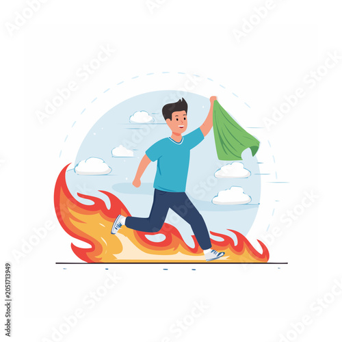 Man running through fire holding a green cloth
