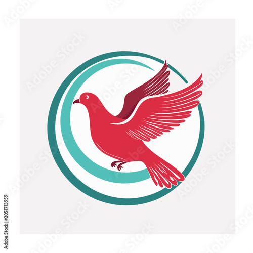 Red dove in flight with teal circle graphic