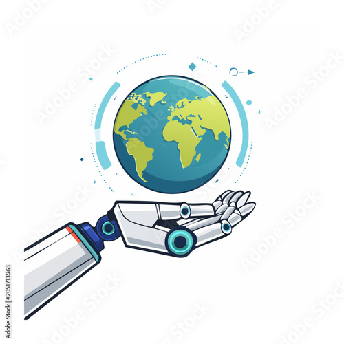 Robot hand holding Earth globe with futuristic interface