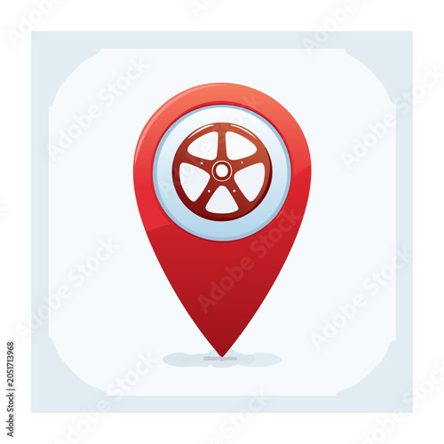 Red location pin icon with car wheel inside
