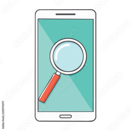 Smartphone with magnifying glass icon, flat design