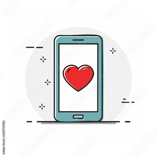 Smartphone with red heart icon on screen, flat design