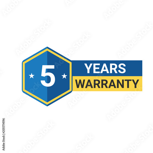 Premium 5-Year Warranty Badge Blue & Yellow Shield with Stars for Product Guarantee & Trust