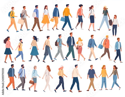 Set of walking men in casual clothes. Male characters in different poses. Vector illustration in flat style