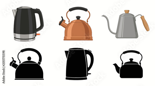 Foto Professional vector collection featuring 6 different kettle designs, stovetop ke