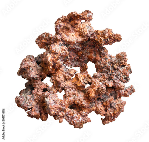 raw piece of crystalline native copper cutout on white background