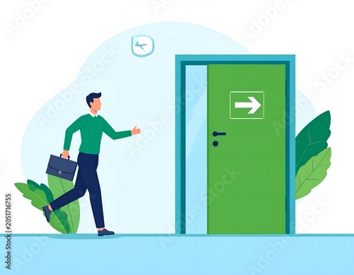 Businessman rushing through an emergency exit door, evacuation, safety route, escape plan and emergency response concept.