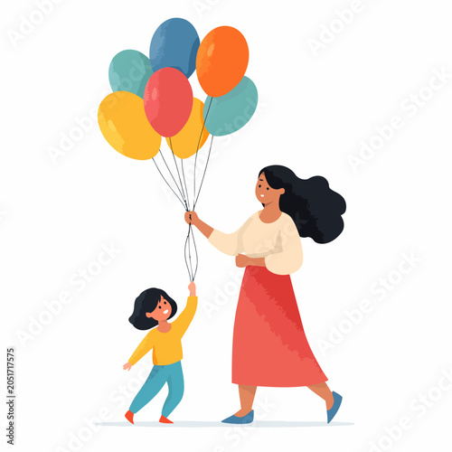 Woman and Child with Colorful Balloons.