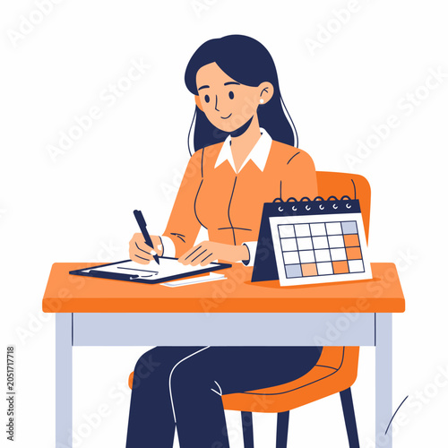 Woman sitting at desk writing.